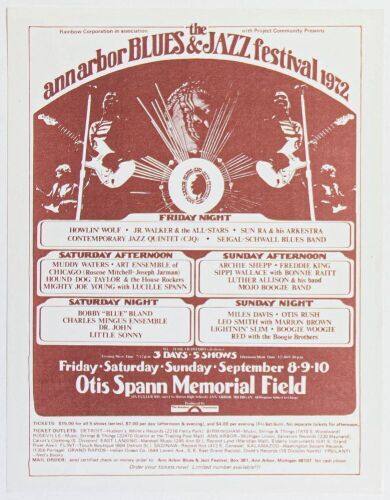 1972 Howlin' Wolf Sun Ra Miles Davis Ann Arbor Blues & Jazz Festival Otis Spann Memorial Field Handbill Near Mint 89