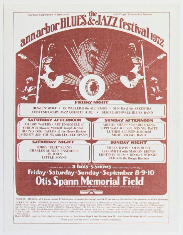 1972 Howlin' Wolf Sun Ra Miles Davis Ann Arbor Blues & Jazz Festival Otis Spann Memorial Field Handbill Near Mint 89