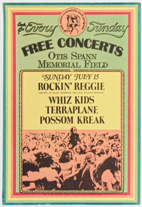 1973 Ann Arbor Rockin Reggie Whiz Kids Free Concert Otis Spann Field Handbill Excellent 75