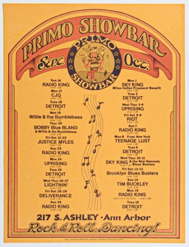 1973 Bobby Blue Bland Tim Buckley Primo Showbar Ann Arbor Poster Near Mint 85