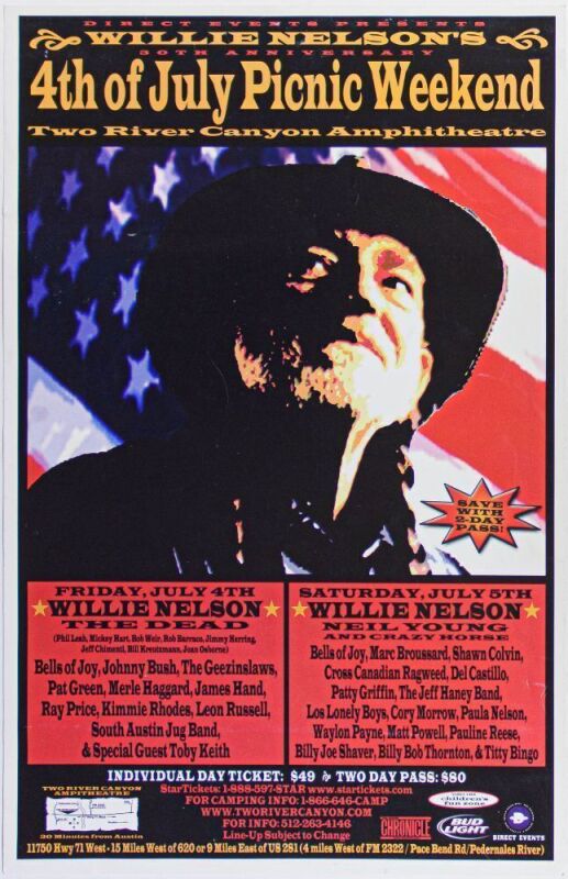 2003 Willie Nelson The Dead Neil Young & Crazy Horse The 4th of July Picnic Two River Canyon Amphitheatre Poster Excellent 77