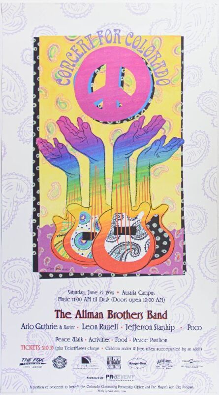 1994 Allman Brothers Band Leon Russell Jefferson Starship Auraria Campus Poster Excellent 70
