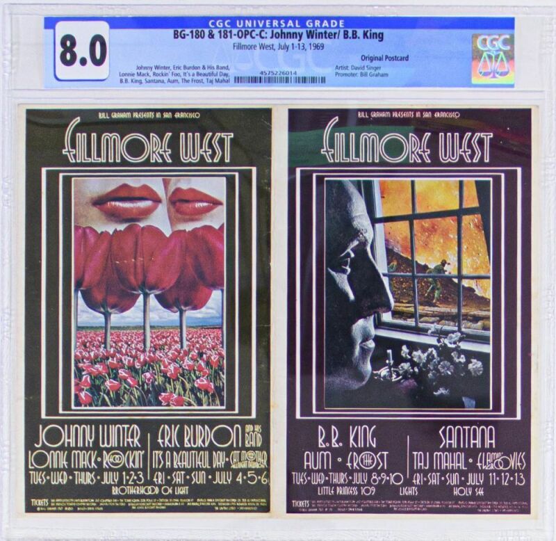 1969 BG-180 & 181 Johnny Winter Santana Fillmore West Double Postcard CGC 8.0