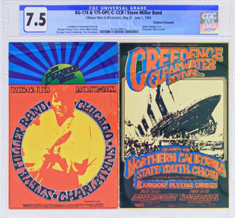 1969 BG-174 & BG-175 Creedence Clearwater Revival Steve Miller Band Fillmore West & Winterland Double Postcard CGC 7.5