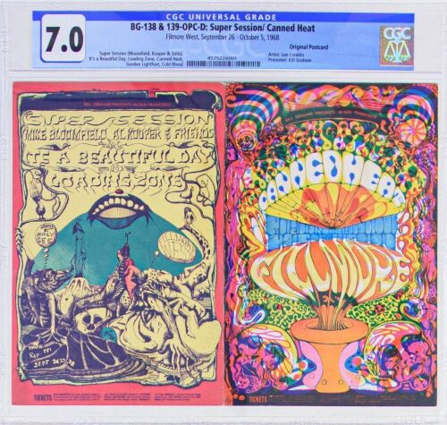 1968 BG-138 & 139 Mike Bloomfield Super Session Canned Heat Fillmore West Double Postcard CGC 7.0