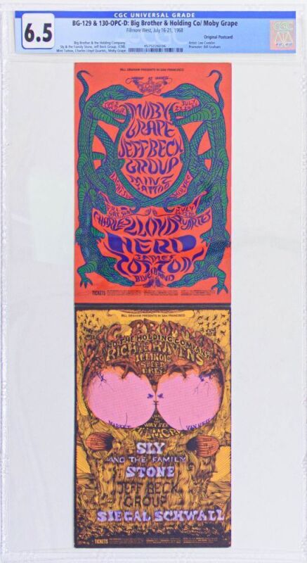 1968 BG-129 & 130 Big Brother And The Holding Company Jeff Beck Group Fillmore West Double Postcard CGC 6.5