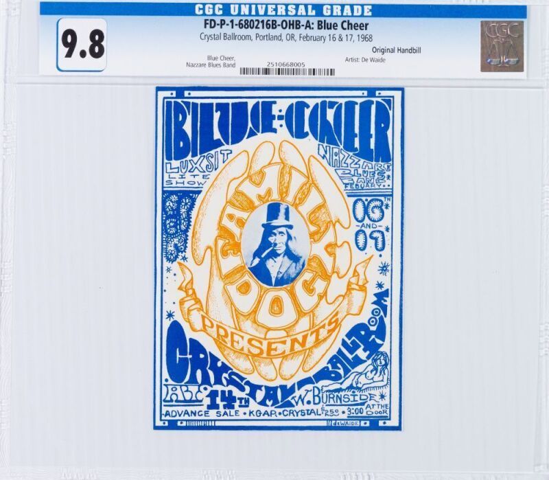 1968 FD-P-1-680216B Blue Cheer The Crystal Ballroom Portland Handbill CGC 9.8