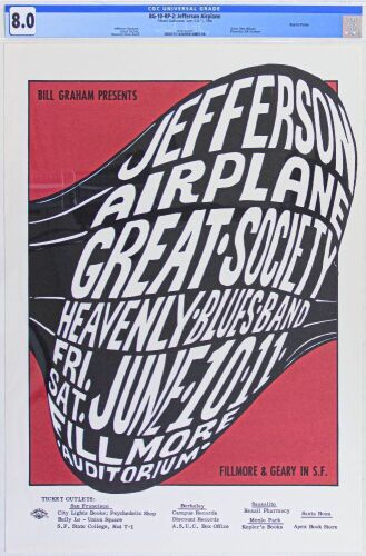 1966 BG-10 Jefferson Airplane Great Society Fillmore Auditorium RP2 Poster CGC 8.0