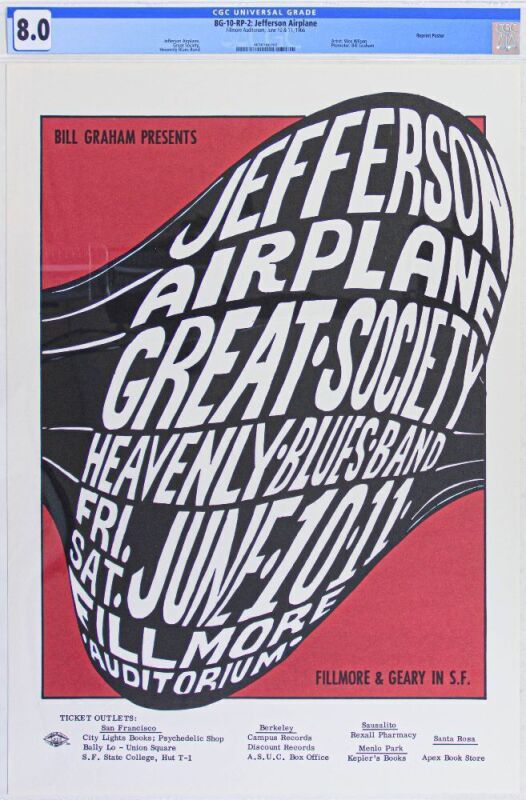 1966 BG-10 Jefferson Airplane Great Society Fillmore Auditorium RP2 Poster CGC 8.0