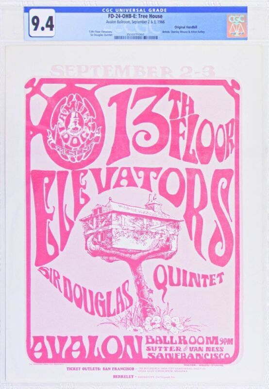 1966 FD-24 The 13th Floor Elevators Sir Douglas Quintet Avalon Ballroom Handbill CGC 9.4