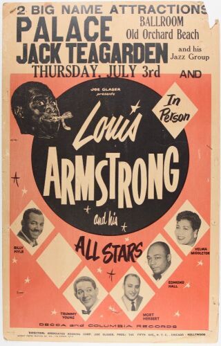 1958 Jack Teagarden Louis Armstrong and His All Stars The Palace Ballroom Old Orchard Beach Maine Cardboard Poster Extra Fine 63