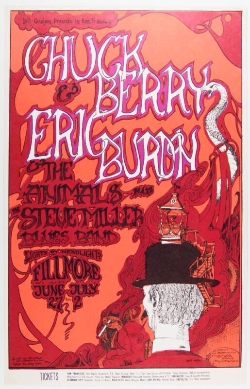 1967 BG-70 Chuck Berry Eric Burdon Fillmore Auditorium Poster Near Mint 87