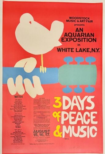 1969 AOR-3.1 Woodstock Festival Signed Skolnick Poster with Signed COA Excellent 79