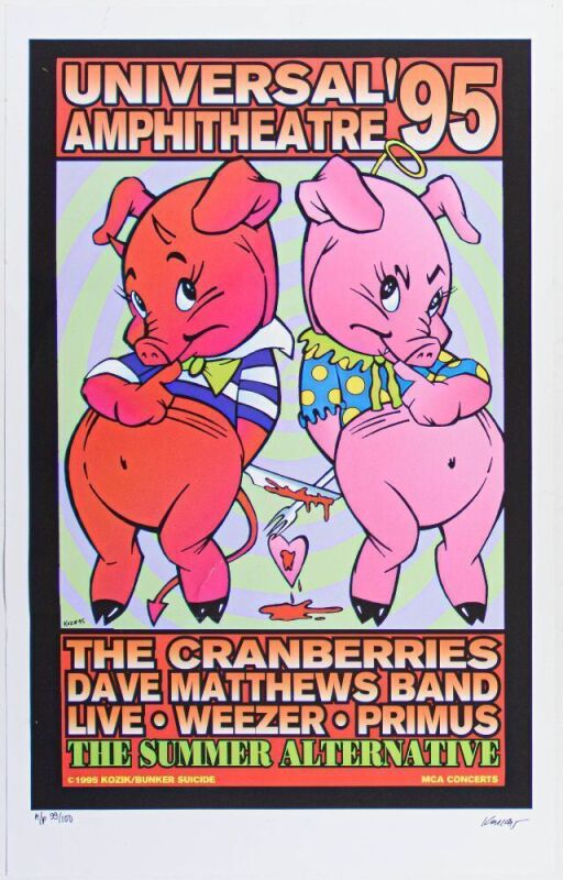 1995 Frank Kozik The Cranberries Dave Matthews Band Weezer Universal Amphitheatre AP Signed Kozik Poster Excellent 75