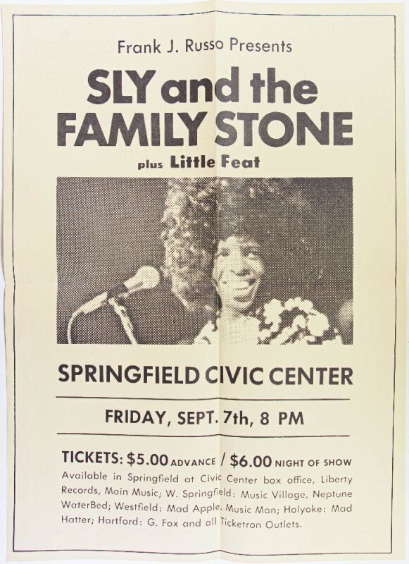1973 Sly & The Family Stone Little Feat The Springfield Civic Center Poster Excellent 79