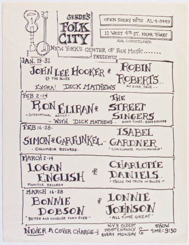 1964 Simon & Garfunkel John Lee Hooker Gerdes Folk City New York Flyer Near Mint 87