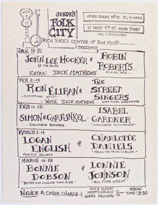 1964 Simon & Garfunkel John Lee Hooker Gerdes Folk City New York Flyer Near Mint 87