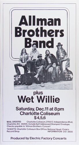 1971 Allman Brothers Band Wet Willie Charlotte Coliseum Cardboard Poster Excellent 79