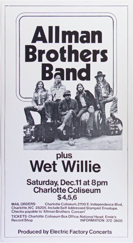 1971 Allman Brothers Band Wet Willie Charlotte Coliseum Cardboard Poster Excellent 79