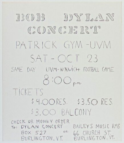 1965 Bob Dylan Patrick Gym University of Vermont Flyer Mint 91