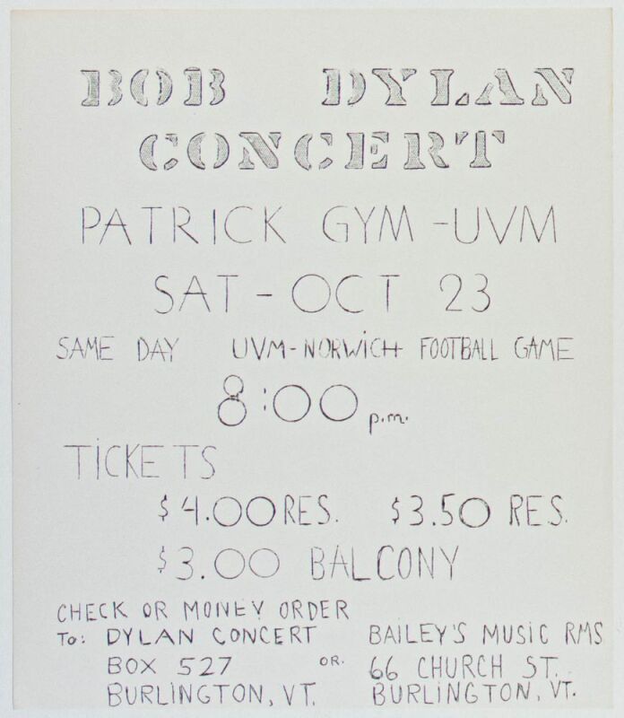 1965 Bob Dylan Patrick Gym University of Vermont Flyer Mint 91