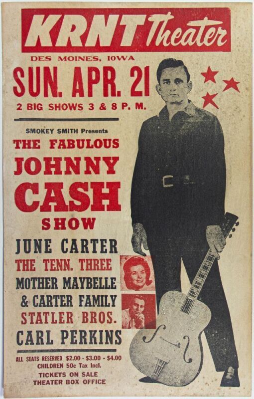 1968 Johnny Cash June Carter KRNT Theater Des Moines Cardboard Poster Extra Fine 65