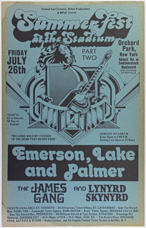 1974 Emerson Lake & Palmer The James Gang Lynyrd Skynyrd Orchard Park NY Poster Excellent 79