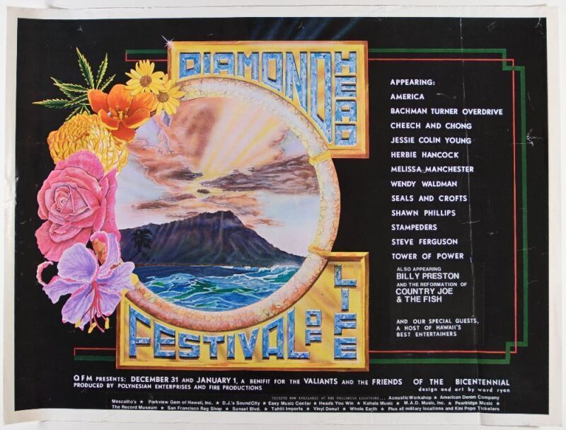 1975 Bachman Turner Overdrive Cheech & Chong Herbie Hancock The Diamond Head Festival of Life Honolulu Poster Extra Fine 69