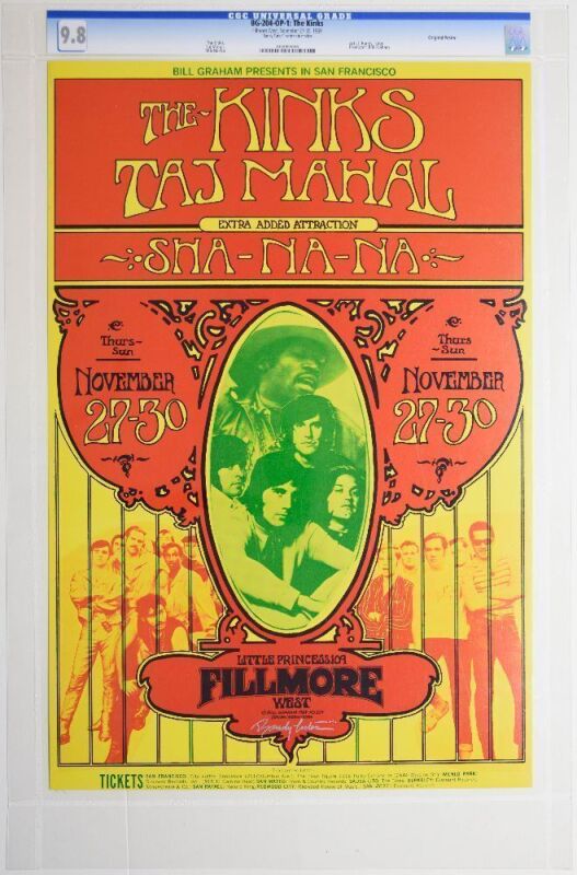 1969 BG-204 The Kinks Taj Mahal Fillmore West Signed Tuten Poster CGC 9.8