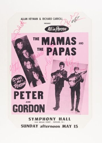 1966 The Mamas & The Papas Peter & Gordon Symphony Hall Newark Cardboard BAND SIGNED Poster Excellent 79