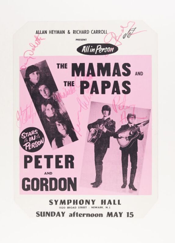 1966 The Mamas & The Papas Peter & Gordon Symphony Hall Newark Cardboard BAND SIGNED Poster Excellent 79