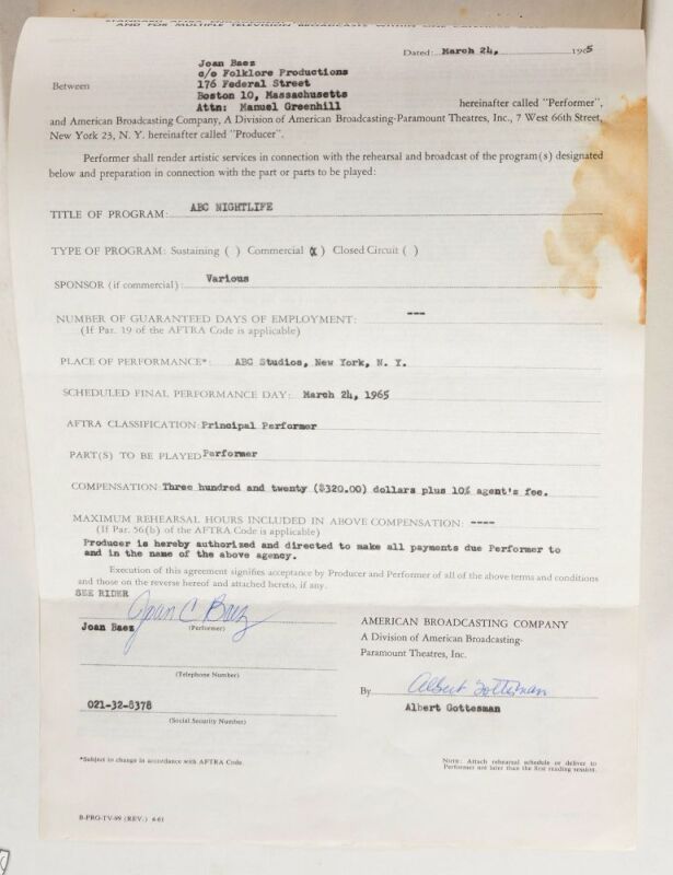 1965 Joan Baez ABC Nightlife Television Talkshow Official Signed Contract & Expense Report and Receipts Extra Fine 61