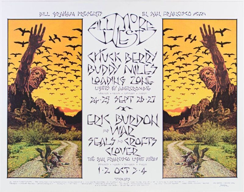 1970 BG-250 Chuck Berry Buddy Miles Eric Burdon & War Fillmore West Poster Near Mint 87