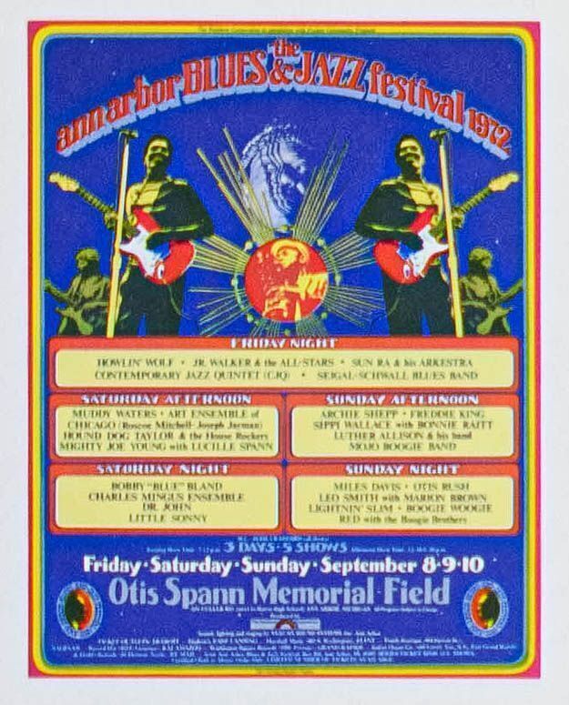 1972 Howlin' Wolf Sun Ra Miles Davis Ann Arbor Blues & Jazz Festival Otis Spann Memorial Field Postcard Mint 90