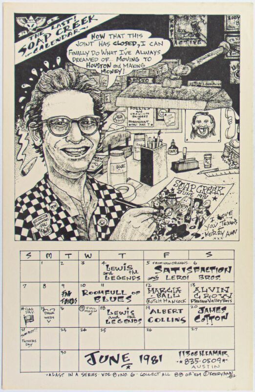 1981 James Cotton Albert Collins Soap Creek Saloon Austin June Calendar Poster Near Mint 83