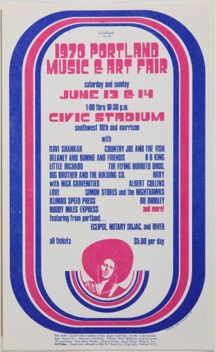 1970 Little Richard B.B. King Country Joe Ravi Shankar Portland Music & Arts Fair Handbill Near Mint 89