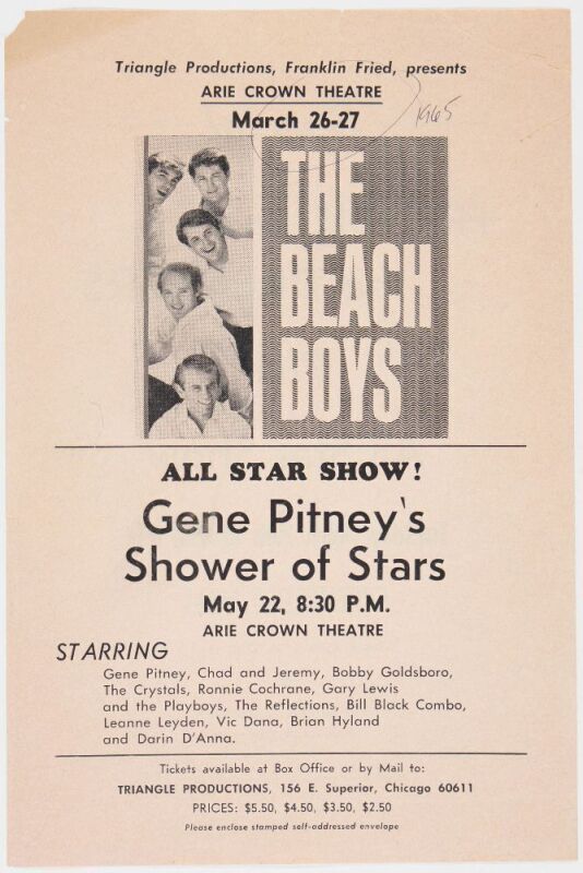 1965 Beach Boys Freddie and the Dreamers Arie Crown Theatre & Orchestra Hall Chicago Handbill w/ Freddie & the Dreamers Signed Paper Extra Fine 67