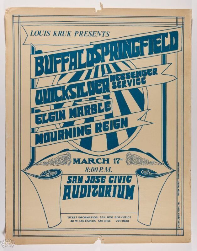 1967 Buffalo Springfield Quicksilver Messenger Service San Jose Civic Auditorium Poster Extra Fine 61