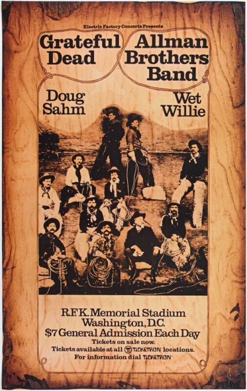 1973 Grateful Dead Allman Brothers Band RFK Stadium RP2 Poster Near Mint 85
