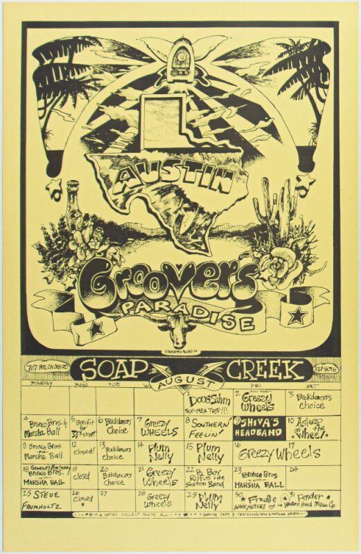 1974 Soap Creek Saloon Austin August Calendar Poster Near Mint 85