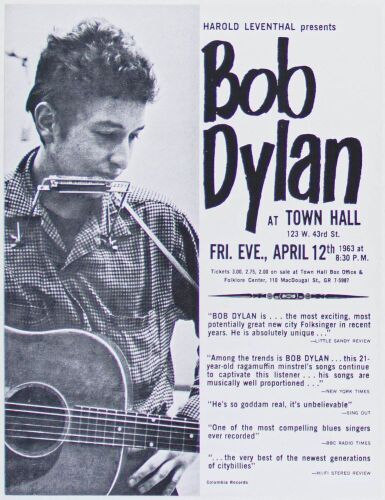 1963 Bob Dylan Town Hall New York Handbill Mint 91