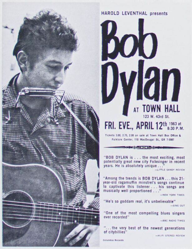 1963 Bob Dylan Town Hall New York Handbill Mint 91