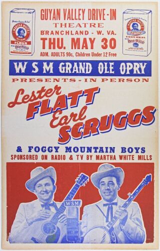 1957 Lester Flatt & Earl Scruggs Guyan Valley Drive-In Theatre West Virginia Hatch Cardboard Poster Excellent 75