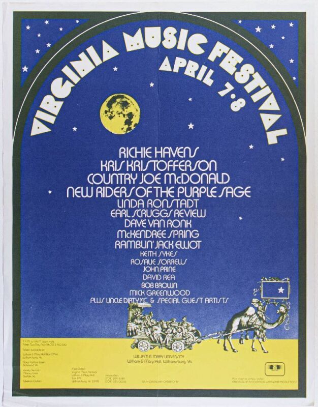 1973 John Prine NRPS Linda Ronstadt Virginia Music Festival William & Mary University Poster Excellent 73
