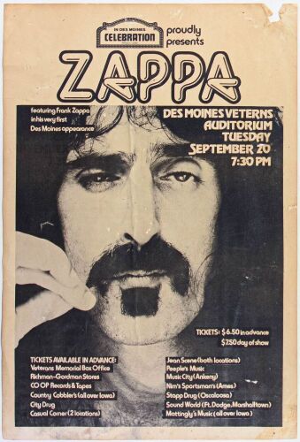 1977 Frank Zappa Des Moines Veterans Auditorium Poster Extra Fine 63