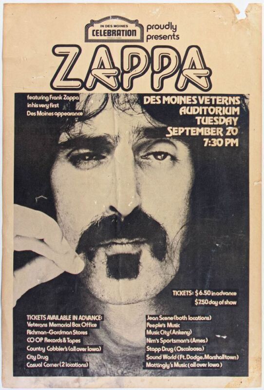1977 Frank Zappa Des Moines Veterans Auditorium Poster Extra Fine 63