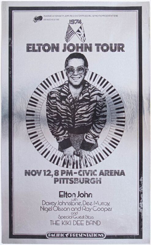 1974 Elton John Pittsburgh Civic Arena Foil Poster Excellent 77