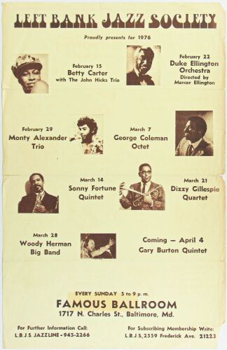 1976 Duke Ellington Dizzy Gillespie Left Bank Jazz Society Famous Ballroom Baltimore Poster Extra Fine 61