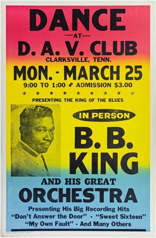 1968 B.B. King D.A.V. Club Clarksville Tennessee Cardboard Poster Near Mint 81