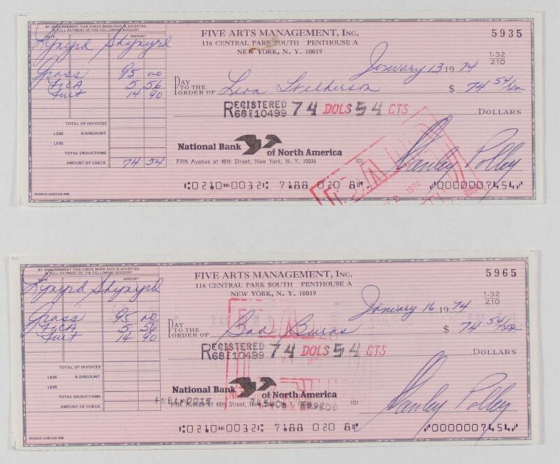 1974 Pair of FA Management Checks to Lynyrd Skynyrd 2 Members Bassist Leon Wilkeson & Drummer Bob Burns